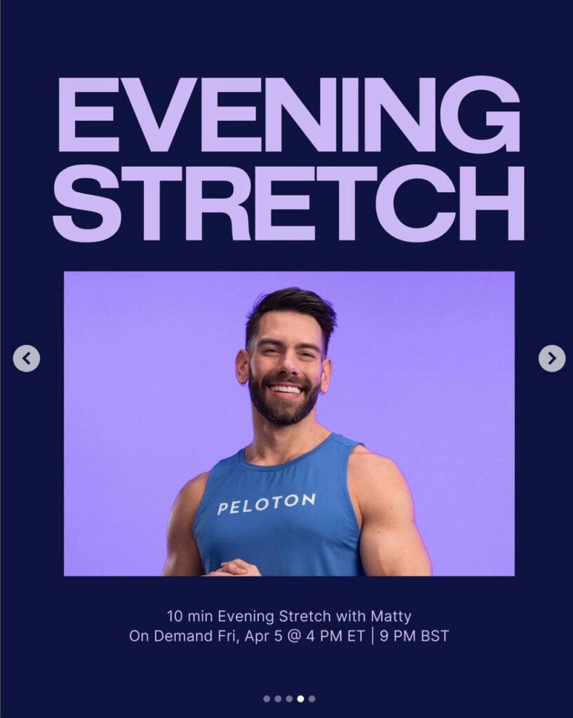 Peloton’s “This Week at Peloton” Instagram post highlighting evening stretch with Matty. Image credit Peloton social media.